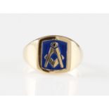 *A 9ct yellow gold and enamel Masonic ring, the square head featuring the compass and set square