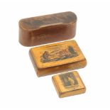 Three Mauchline Ware snuff boxes, comprising a deep rectangular curved end example, the lid with a