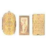 Three gilt brass needlepacket cases comprising a Beatrice, 4.6cm, a single packet case in brass with