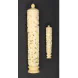 A 19th Century Chinese carved ivory bodkin or netting case and a similar needlecase, each of