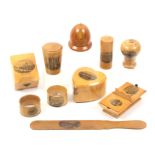 Mauchline ware _ ten pieces comprising a heart shaped box (Killin From Railway), 9.5cm, a