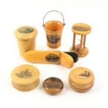 Mauchline Ware _ seven pieces comprising a tumbler case with fern etched glass (Stirling Castle,