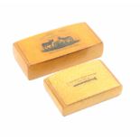 Two Mauchline ware snuff boxes, comprising a rectangular example, the colour tinted print of two