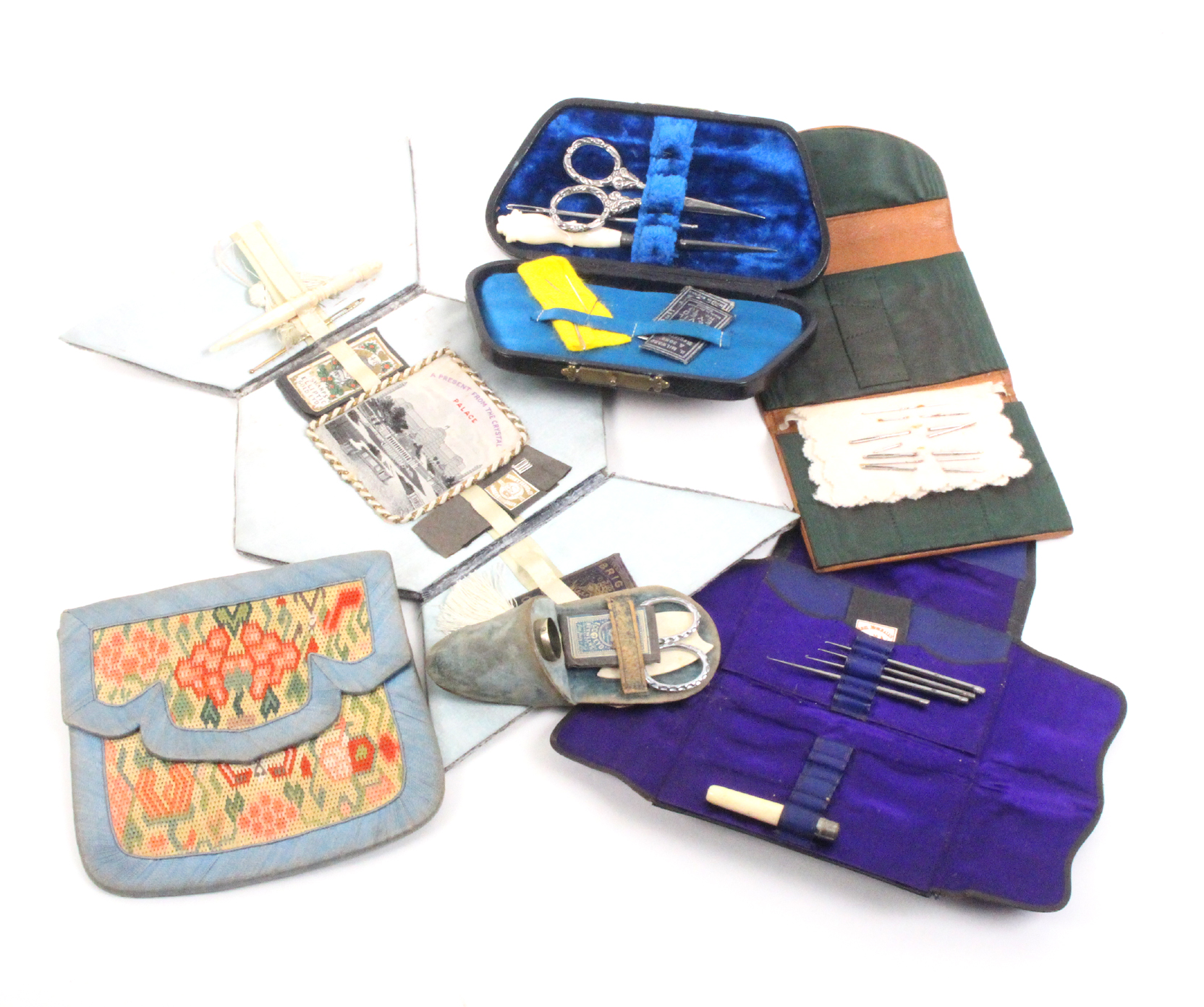 Five small format sewing companions and a purse comprising a blue velvet form example with - Image 2 of 2