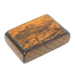 A topographical Scottish penwork snuff box, the lid with a view of a terrace of buildings on a