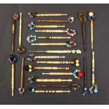 A collection of lace bobbins comprising fifteen bone examples including Patty/Ann/Love Me Dearley,