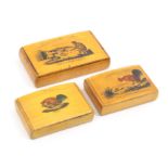 Three Mauchline Ware snuff boxes, all rectangular with curved lids and with colour tinted prints