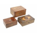 Three 19th Century sewing boxes comprising a mahogany and brass inlaid rectangular example, lid