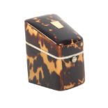 a tortoiseshell combination needle packet/thimble box of knife box form, white metal tablet to