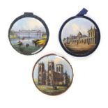 Three reverse glass decorated disc form pincushionsŸ each with an image to both sides comprising