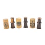 Six needlecases for sewing machines comprising two Mauchline ware examples (Terrapin Tower, Niagra),