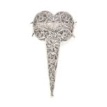 A late 18th Century English silver filigree scissor case, pull off cover, each part with side loops,