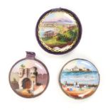 Three reverse glass decorated disc form pincushions each with domed glass ñLincoln Castle,