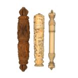 Three needlecases comprising a French ivory example with crown carved terminals, 9.5cm, a Chinese