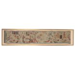A 19th Century spot strip sampler worked in coloured wools with geometric motifs, leaves, flowers