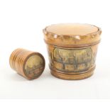 Two pieces of paint and print decorated Tunbridge ware comprising a line painted cylinder box the