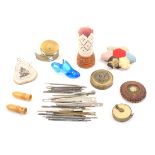 A mixed lot _ sewing _ comprising a bone and coquilla standing pincushion, 8cm, a patchwork