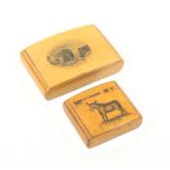 Two Mauchline Ware snuff boxes comprising an example with curved lid and a print of three horse