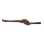 A long fruitwood knitting sheath of Teesdale type, the curved blade with geometric and floral carved