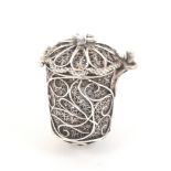 A rare 18th Century silver filigree thimble case in all over quill work the hinged lid with