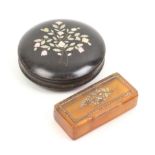Two 19th Century horn snuff boxes, comprising a rectangular pale horn example the hinge lid inlaid