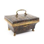 An unusual early 19th Century Palais Royal sewing box in painted tin with gilt metal mounts, the