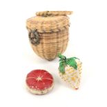 A charming sea grass basket with emery and pincushion the basket of acorn form with hinged cover and