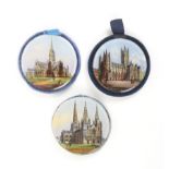 Three reverse glass decorated disc form pincushions, comprising ñCanterbury Cathedralî, ñSalisbury