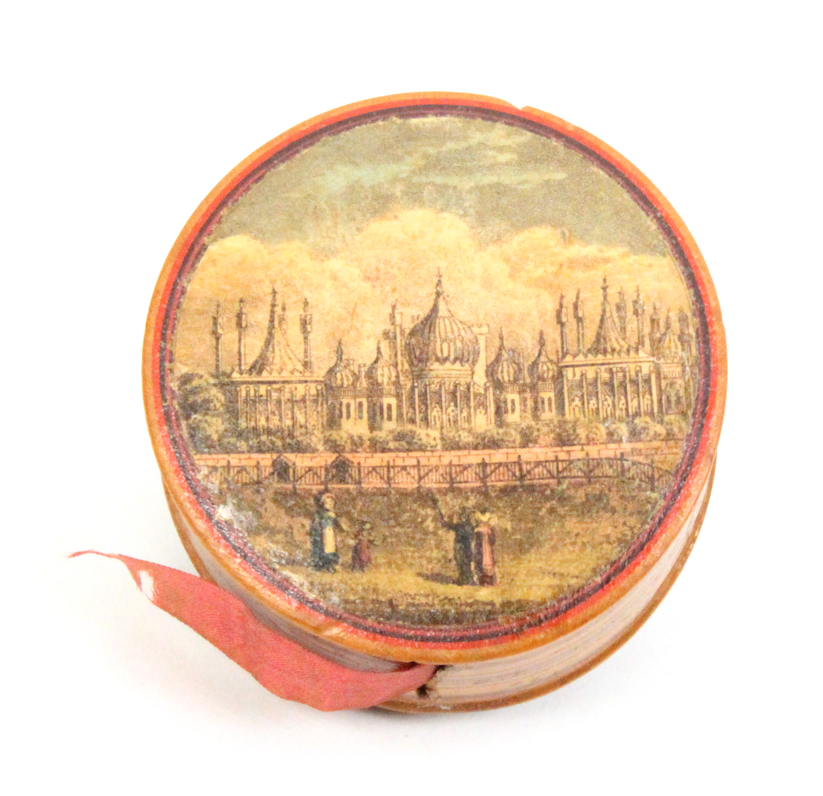 An early 19th Century print and paint decorated Tunbridge ware pincushion/tape measure of circular - Image 2 of 2