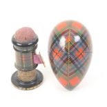 Tartan Ware _ sewing _ two pieces comprising a sewing egg with reel and thimble, 7.5cm and a