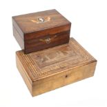 Two 19th Century sewing boxes each of rectangular form comprising a rosewood example the lid