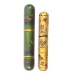 Two early 19th Century Vernis Martin bodkin cases each of cylinder form, comprising a green ground