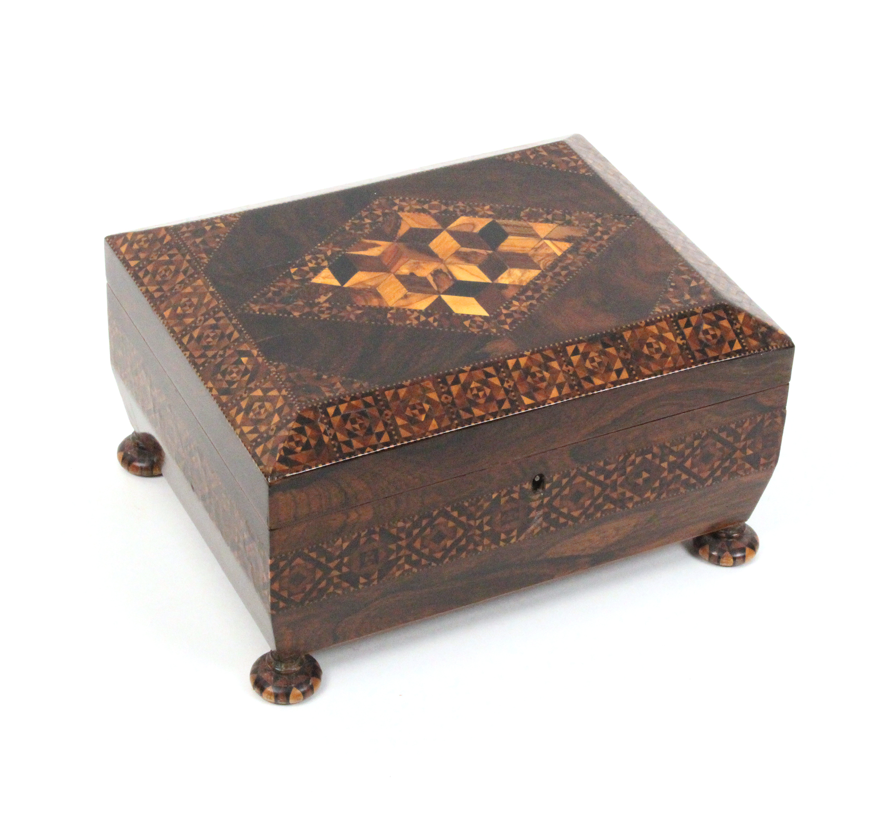 A Tunbridge ware rosewood sewing box of sarcophogal form, the lid with a panel of cube work within