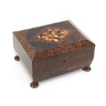 A Tunbridge ware rosewood sewing box of sarcophogal form, the lid with a panel of cube work within