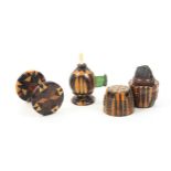 Tunbridge ware - three pieces comprising a barrel form waxer in stickware, 3.3cm, a similar ball