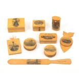 Mauchline ware _ nine pieces - comprising a stamp box (Forefathers Monument Plymouth, Mass./Great