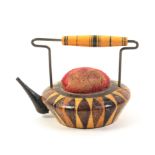 A Tunbridge ware pincushion in the form of a tea pot, stickware body with rosewood spout, wire