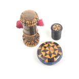 Three pieces of Tunbridge ware comprising a stickware combination waxer/tape measure/pincushion of