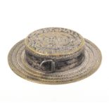 A rare plated brass novelty tape measure in the form of a straw boater, inscribed to the top ïMost