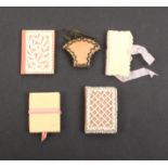 Five needlebooks, comprising a beadwork covered example, 5.4cm, another in cut bone, an ivory
