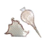 Two cut out and engraved mother of pearl pincushions comprising one in the form of a harp, 5cm high,