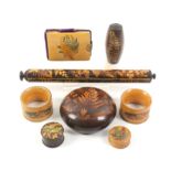 Fern and Sea weed Ware _ eight pieces comprising a cylinder ruler, 23cm, a barrel form box, 6.7cm, a