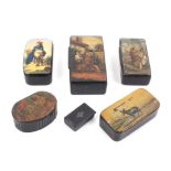 Six 19th Century snuff boxes, comprising a rectangular papier mache example, the hinged lid