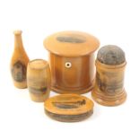 Mauchline Ware _ five pieces comprising a cylinder form cotton or string box, bone aperture (The
