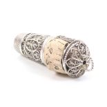 A rare early 19th Century silver filigree combination thimble/scent bottle and tape measure the