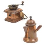 Two copper novelty tape measures comprising a chocolate pot, complete printed tape in inches and