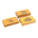 Three Mauchline Ware snuff boxes, all rectangular comprising an example with saddled horse, foil