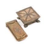 Two Avery brass needle packet cases comprising ïFootstoolÍ stamped ïW Avery and Sons, RedditchÍ with