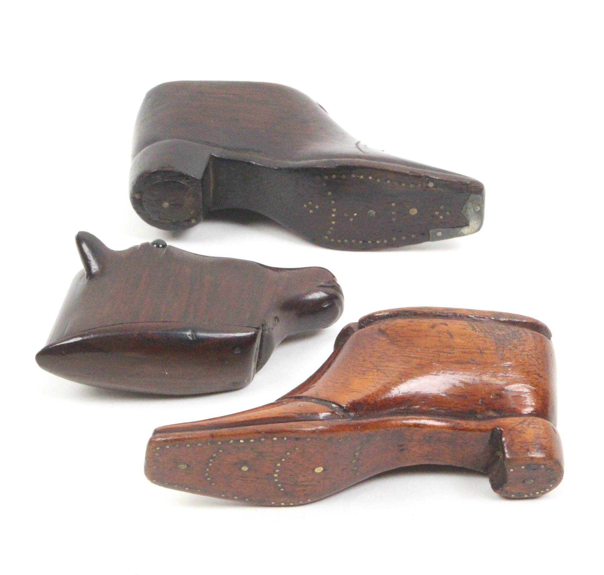 Three 19th Century wooden snuff boxes, comprising a mahogany example in the form of a horses head, - Image 2 of 2