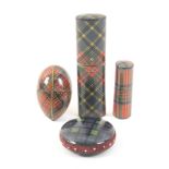 Tartan Ware _ four pieces comprising a sewing egg (Hay and Leith) with double reel and needlecase